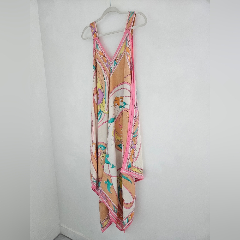 BRIJO Vintage Pastel Rolled Jacquard Silk Hankerchief V Tank Maxi Dress - Picture 8 of 16